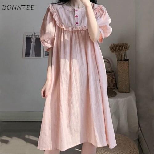 Nightgowns Women Summer Sleepshirts Chic Leisure All-match Simple Ruffle Splice Button Elegant Korean Style Lovely Fashion Loose