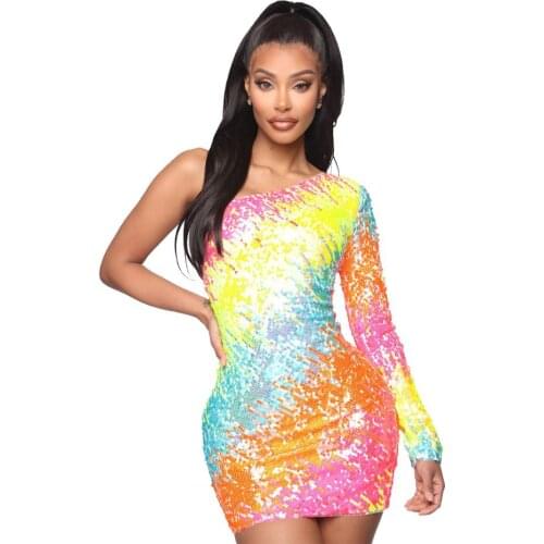 Nightclub Style Women Dress Off-the-shoulder Long Sleeve Rainbow Striped Printing Sequins Bodycon Mini Dresses Party Real Photos