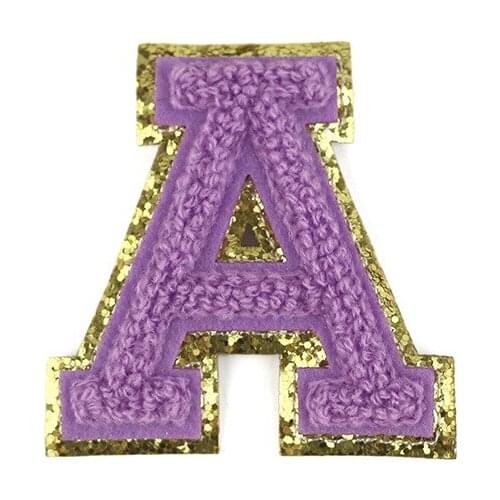 Purple Letters with Gold Glitter Chenille Patches Towel Embroidery Rainbow Gritt Alphabet Iron on Sticker Name Clothing DIY