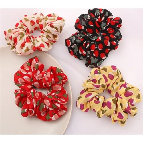 Cherry Printed Scrunchie Elastic Hair Band Hair Ties Girls Cute Elastic Ponytail Holder Black Red Yellow Ivory Headwear
