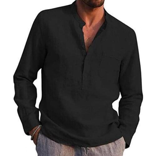 Men Solid Color V Neck Long Sleeve Button Pocket T-shirt Top Cotton Linen Shirt Mens Clothing мужская одежда