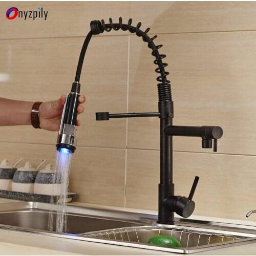 LED Color Changing Spring Kitchen Faucet Oil-rubbed Bronze Vessel Sink Mixer Tap Deck Mounted 360 Degree Rotation Spout