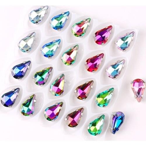 Slim water drop shape Silver claw settings Crystal 8*13mm 50pcs/bag Rainbow colors & jelly AB glass Sew rhinestones garment diy