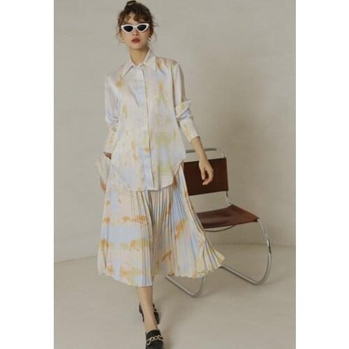 2021 Autumn Fashion Tie Dye Print Sets Women Long Sleeve Button Up Shirts Tops + Pleated Skirt Two Piece Suit