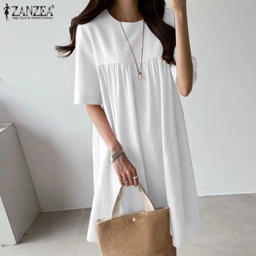 Womens Summer Sundress ZANZEA 2021 Stylish Solid Mini Dress Casual Short Sleeve Short Vestidos Female O Neck Robe Oversized 7