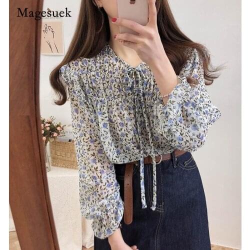 Women Office Floral Button Cardigan Shirt 2021 New Spring Korean Style Chiffon Puff Long Sleeve Blouse Women Blusas 10408