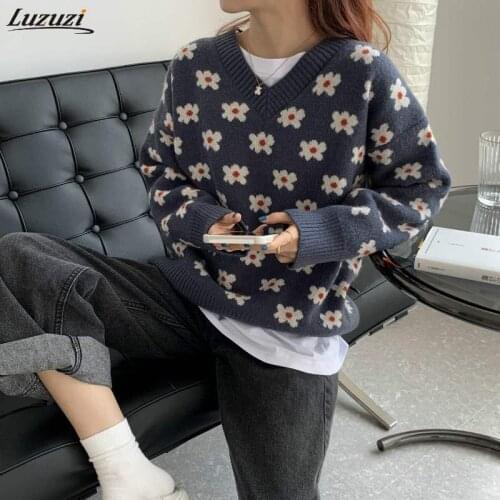 Luzuzi Womens New Sweater Winter Thick College Sweet Lady Retro V-neck Jumper Oversize Floral Long Sleeve Casual Pullovers Top