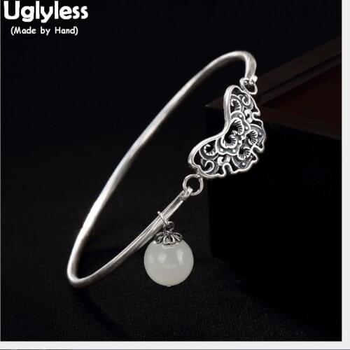 Uglyless 100% Real 925 Sterling Silver Butterfly Bangles for Women Thai Silver Ethnic Thin Bangle Jade Ball Charms Fine Jewelry