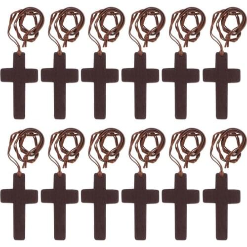 12pcs Natural Wood Cross Pendant Necklace Handmade Wooden Crosses Crucifix Jesus Christ Necklace Pendant Ornaments For Women Men