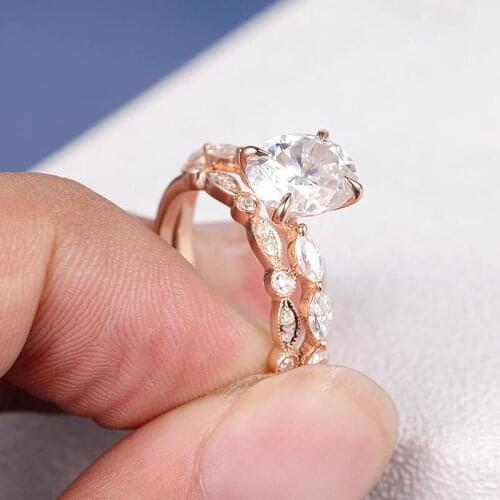 18K Rose Gold Moissanite Bridal Sets Engagement Ring Set Center 1ct Oval Cut Side Marquise Wedding Band Women Deco Eternity 2pcs