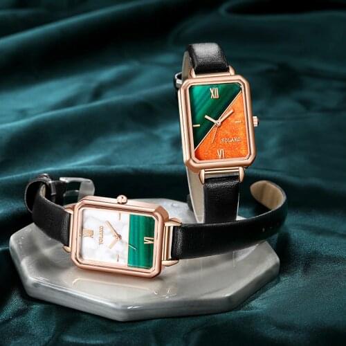 Rectangular Malachite Color Dial Small Womens Watch Womens Watch Leather Strap Quartz Womens Watch Retro Small Square Watch
