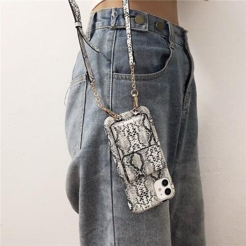 Luxury Snakeskin Pattern Strap Cord Phone Case for iPhone 11 12 PRO XS MAX XR 7 8PLUS SE 2020 Card Pocket Crossbody Wallet Cover