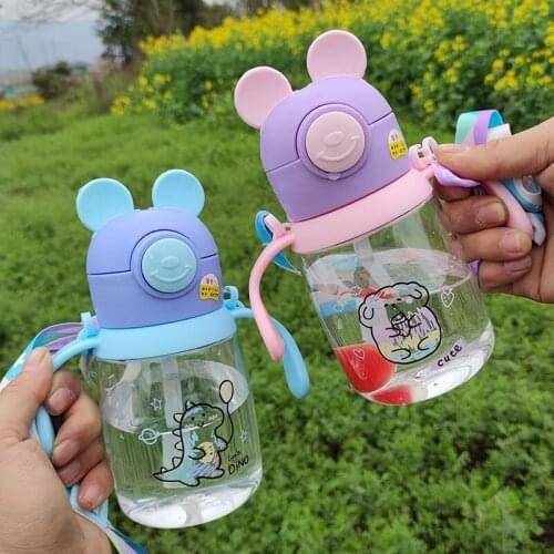 Kids Children Cartoon Animal School Drinking Water Straw Bottle Gravity Ball Straw Baby Cup with Shoulder Strap Water Bottle