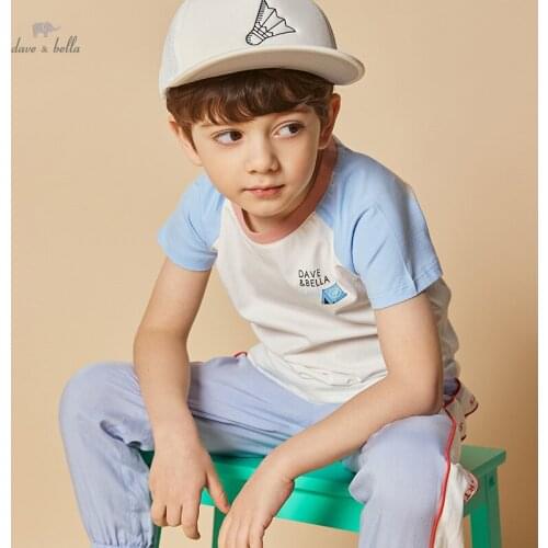DKY17302-1 dave bella summer 5Y-13Y kids boys fashion cartoon letter patchwork T-shirt children boy high quality fashion tees
