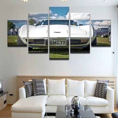 Home Decor Print Canvas Oil Painting Vintage Wall Art 5 Panel Cool White Sports Car Canvas Painting Wall Picture For Living Room