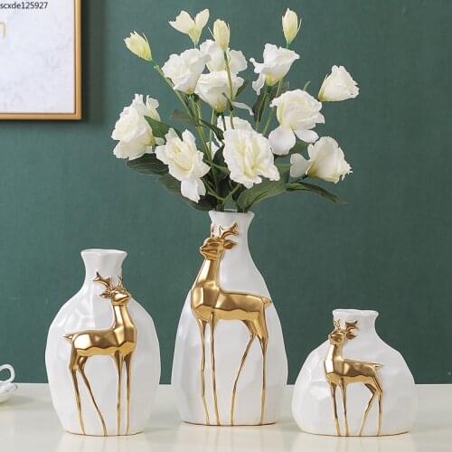 European Embossed Golden Deer Vase Flower Arrangement Living Room Porch Decoration Hydroponic Ceramic Vase Wedding Decoration