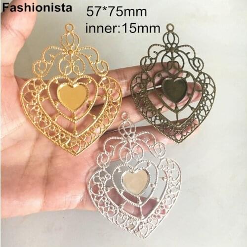 Heart Filigree Pendant Tray For Cabochon 57*75mm (inner 15mm),Metal Filigree Flower Base Settings For Jewelry,Gold,Silver