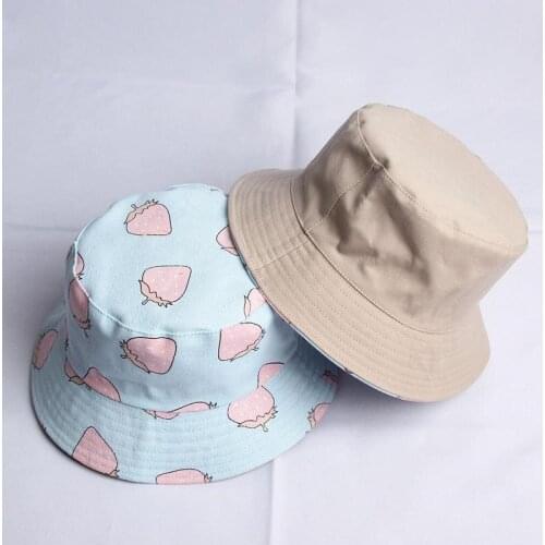 Cotton Strawberry Print on Both Sides Bucket Hat Fisherman Hat Sun Cap Hats for Men and Women 470