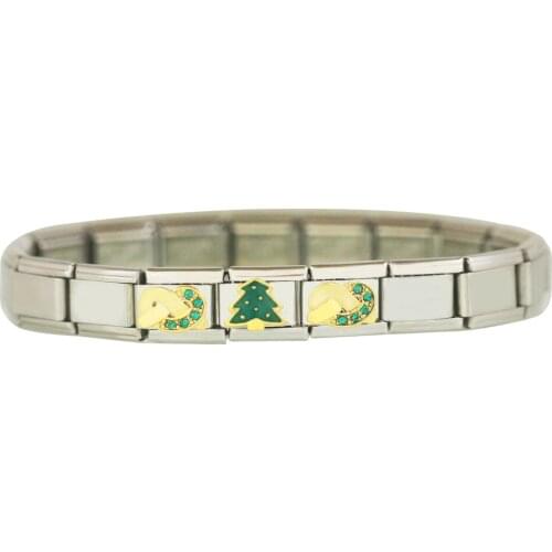 Stainless Steel link Classic 9mm Women green crystal knot Merry Christmas tree Italian charm link bracelet fit Zoppini Nomiation