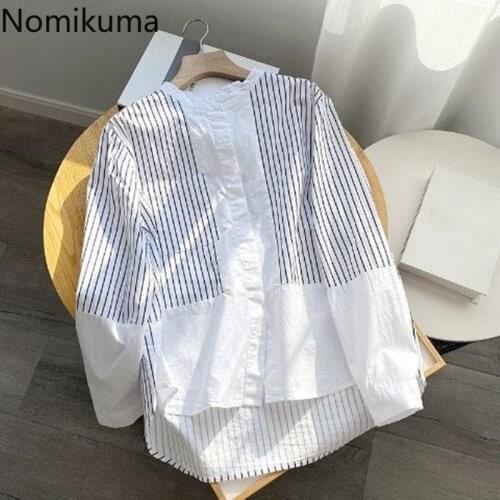 Nomikuma Korean Stripe Patchwork Women Shirts Blouses Causal Long Sleeve Loose Tops 2021 New Femme Blusas Camisas Mujer 6G465