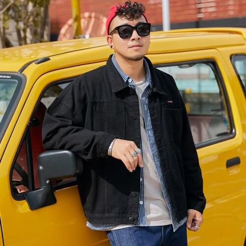 Plus Size Mens Casual Classic Black Fat Jean Jacket 2021 New Washed Long Sleeve Button Down Denim Jacket Loose Outwear