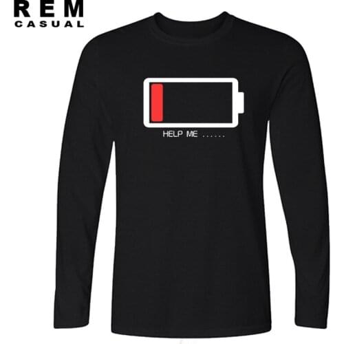 Hanhent HELP ME Battery Style Mens Long sleeve T Shirt Letters Battery Low Printed Funny Tshirts Tops Boys Man Male Fashion