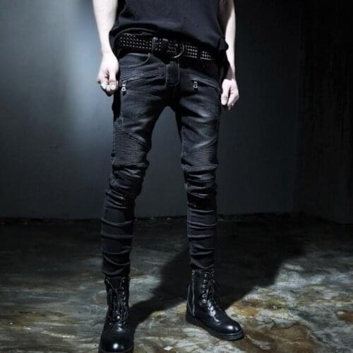 Top Brand Fashion Mens Slim Fit Denim Jeans Boys Slim Biker Pants Skinny Straight Runway Elastic Jeans Trouser Blue Size 28--42