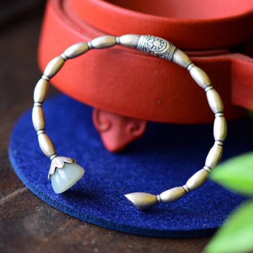 S925 Pure Silver Lotus Bracelet Retro Natural Hetian Jade Lotus Lotus Lotus Root Broken Wire Womens Bracelet Ornament to Give M