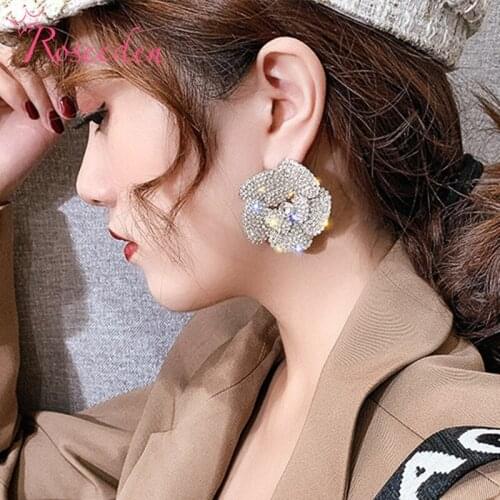 Flower Earrings For Women Girls Silver Color Woman Full Rhinestones Dangle Earrings Wedding Party Exquisite Jewelry RE3797