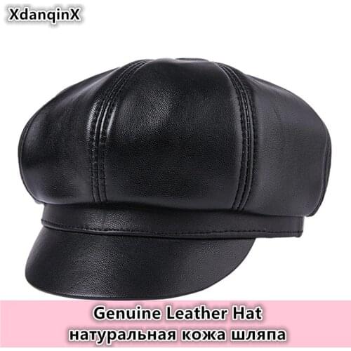 XdanqinX Womens Genuine Leather Hat 2019 Autumn New Sheepskin Newsboy Caps Snapback Cap Elegant Ladies Fashion Bone Leather Cap