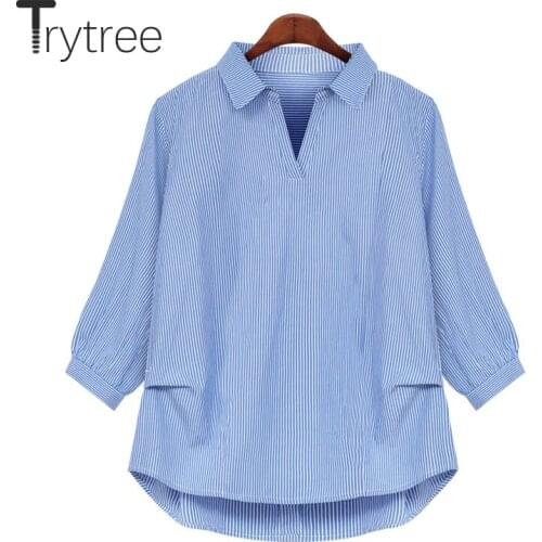 Trytree 2020 Spring Autumn Casual Blouse Women Striped Trun-down Collar Womens Shirts Three Quarter Office Lady Tops for Women