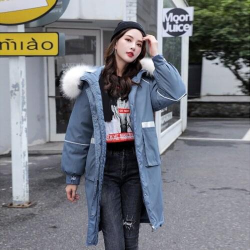 Women Hooded Winter Warm Cotton Padded Jacket Girls Embroidery Long Parkas With Large Fur Collar Coats Female Thicken Outerwear