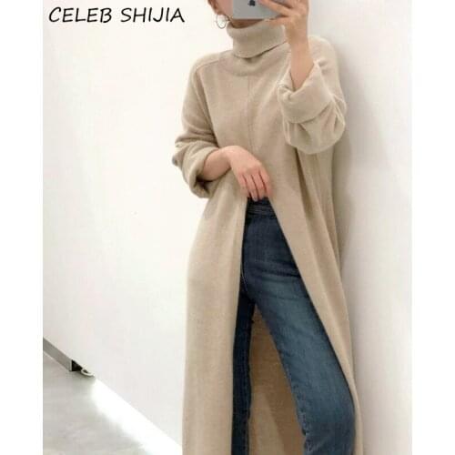 Woman Sweaters Split Long-sleeve Turtleneck Apricot Solid Autumn Long Sweater Female Korean Loose Lazy Knit Pullovers Woman Fall