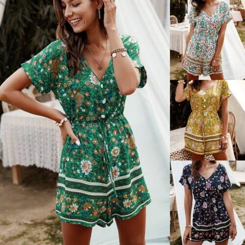 Summer 2021 Boho Women Jumpsuit Backless Short Sleeve Elegant Playsuits High Waist Women Clothes Casual Wide Leg Short Pants