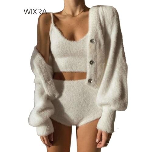 Wixra Womens Suits Mohair Home Wear Long Sleeve Cardigan+ Elatic Waist Shorts Ladys High Street Casual Sweet Sets