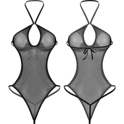 Women See-through Mesh Bodysuit Erotic Sexy Lingerie Nightwear Halter Neck Backless Leotard Jumpsuit Swimsuit Swimwear Clubwear