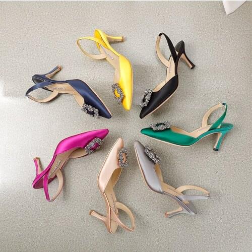 2021 Crystal Square Wedding Shoes Women Sweet Satin Rhinestone High Heel Woman Sandals Pointed Toe Slingback Stilettos Woman