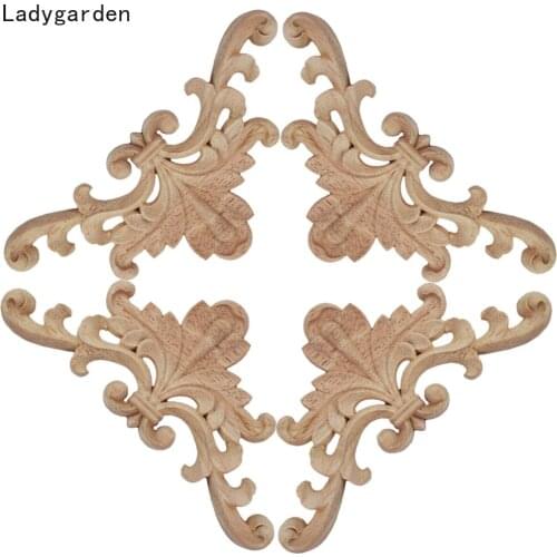 4PCS Woodcarving Flower Corner Appliques Wood Sculptures Floral Carved Furniture Cabinet Door Unpainted Mouldings Decal Statues