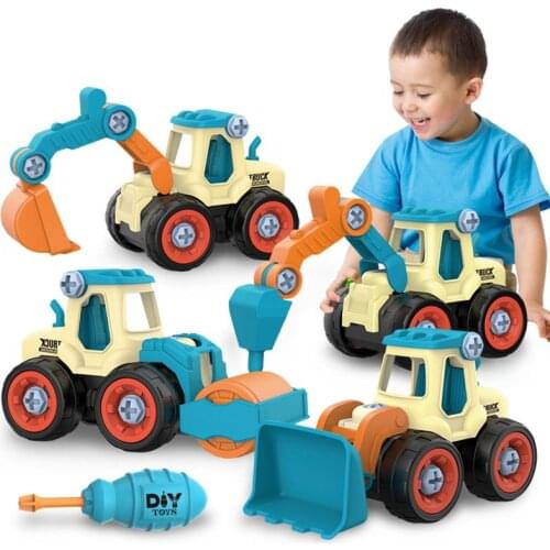 4pcs Construction Toy Engineering Car Fire truck Screw Build and Take Apart Great for Kids Boys