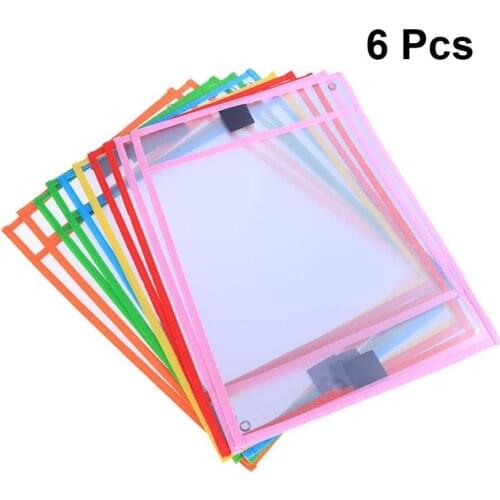 6pcs Reusable Dry Erase Pockets Assorted Colors Stationery Supplies for Office School with Pen Case (Random Color)