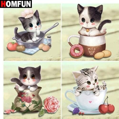 HOMFUN Diamond Painting Full Square/Round Diamond "Cat kitten cup" Pattern Embroidery Cross Stitch 5D Rhinestone Painting