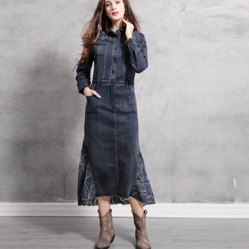Free Shipping 2019 Fashion Vintage Women Long Mid-calf Long Sleeve Denim Cotton S-XL Mermaid Style Turn Down Collar Dresses