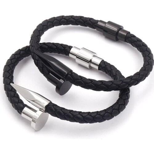 No Name PU Leather Nail Cuff Rope Bangle for Men Black Color Stitching Titanium Steel Mens Bracelet Punk Cool Jewelry