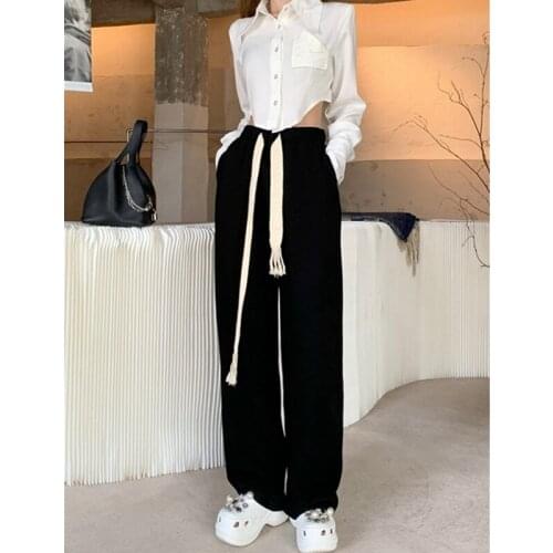 Real shot 2021 summer thin section high waist slimming casual wide-leg pants new female loose drawstring sports trousers