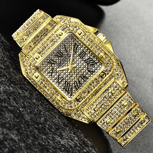 Hip Hop Watch for Men Gold Stainless Steel Mens Watches Man Quartz Wristwatch Luxury Iced Out Diamond Male Clock Reloj Hombre