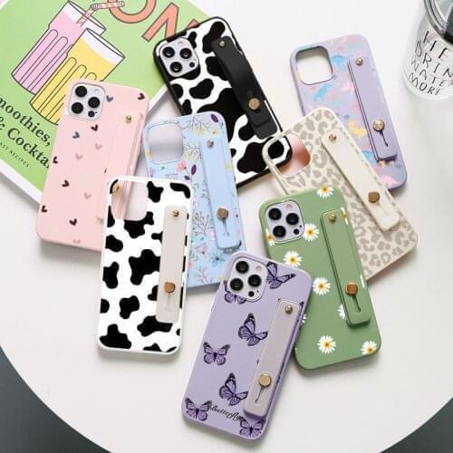 Cute Flower Cow Love Heart Pattern Case For iPhone SE 2020 5S 6 6S 8 7 Plus X XR XS 12 Mini 11 Pro Max Wrist Strap Holder Cover