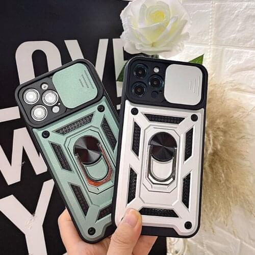 Luxury Protect Lens Armor Iron Slid Window Case For Iphone 12 Pro Max 11 Hard Soft Silicone Stand Holder Cover For 7 8 X Xr Xs