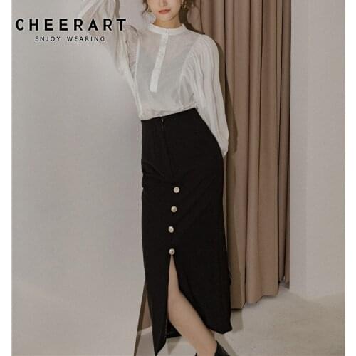 CHEERART Black Long Skirts Womens Wrap High Waist Split Ladies Midi Skirt Bodycon Button Korean Skirt 2020 Clothing