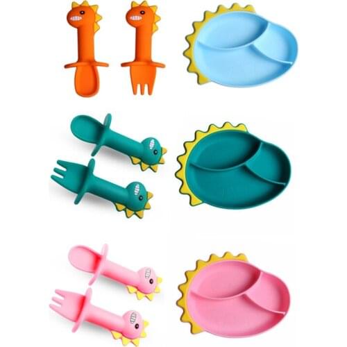 Baby Food Grade Silicone Tableware With Suction Cup Children Feeding Plate Fork Spoon Sets Baby Cartoon Dinosaur Dinnerware Set