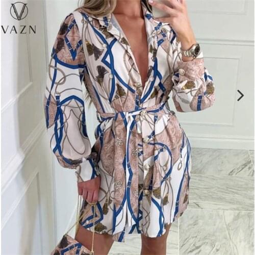 VAZN 2021 INS Print Full Sleeve Floral Print Elegant Mini Shirt Dresses Sexy Club Birthday Dress Women Elegant Fashion Dress